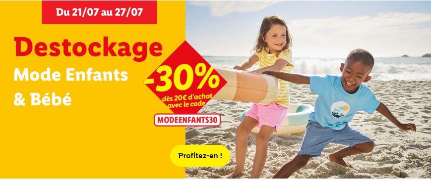 Code promo LIDL du 21/07 au 27/07 : –30 % dès 20 € d’achat en mode enfant et bébé